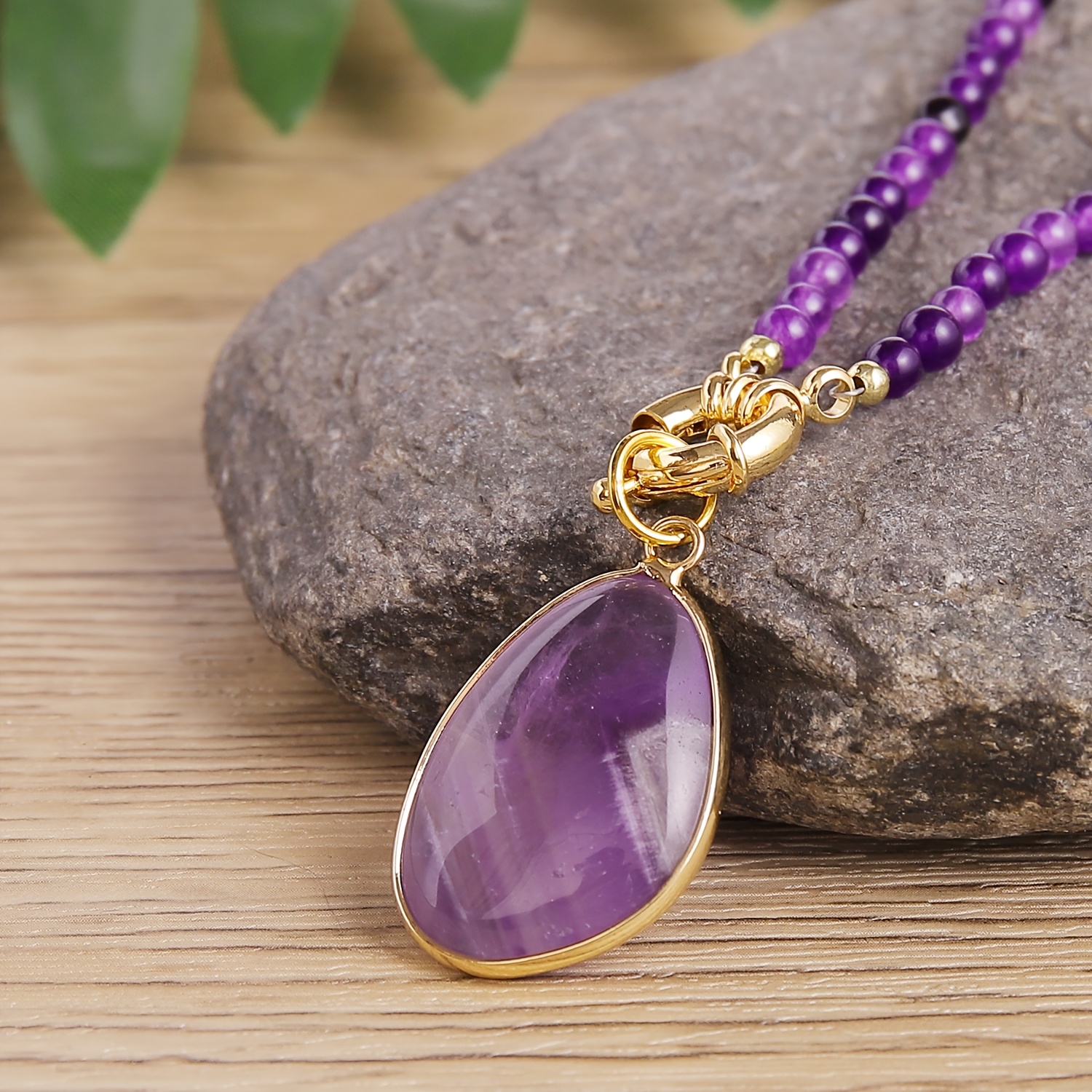 Women's Amethyst Beaded Necklace with Teardrop Pendant, Boho Style